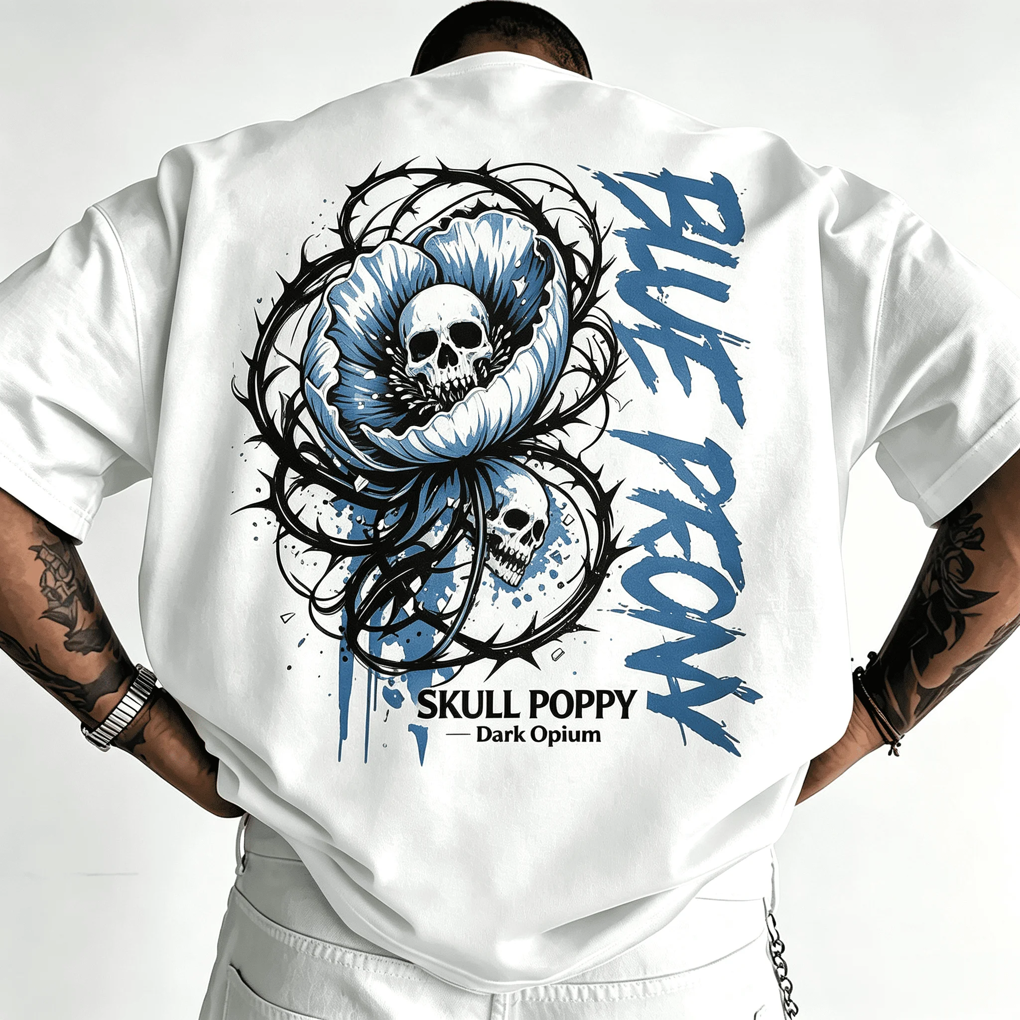 Unisex Oversized White T-Shirt Skull Poppy Thorn Vine Graphic Back Print Gothic Streetwear Short Sleeve Tee For Men Women