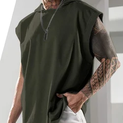 Men's Fitness Pullover Sports Casual European and American Sleeveless Men's HoodedTLoose T-shirt