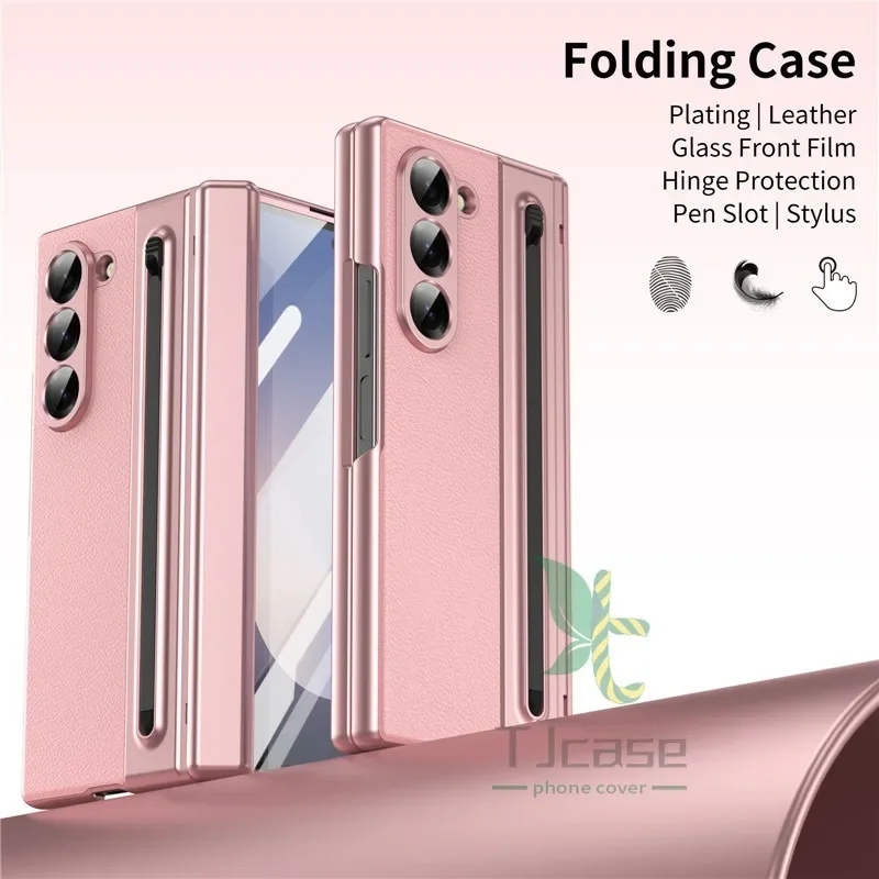 Покрытие S Pen Slot Шарнир Полностью кожаный корпус Чехол Smasung Glaxy Z Fold 6 5 4 3 Fold3 Fold4 Fold5 Fold6 Flass Чехол из передней пленки