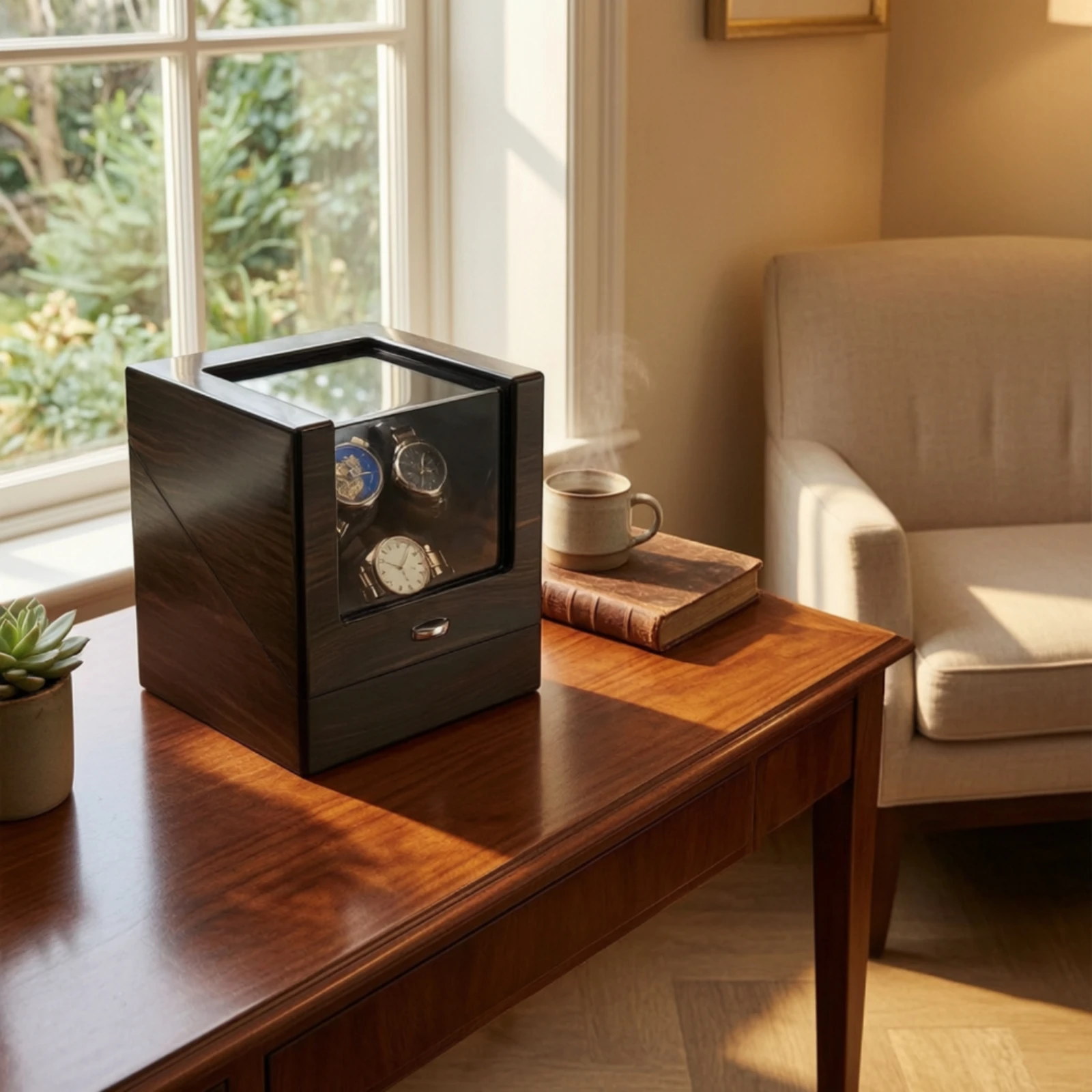 3-slot Automatic Watch Winder Box High-gloss Wood Finish Watch Rotator with Window for Watch Collectors