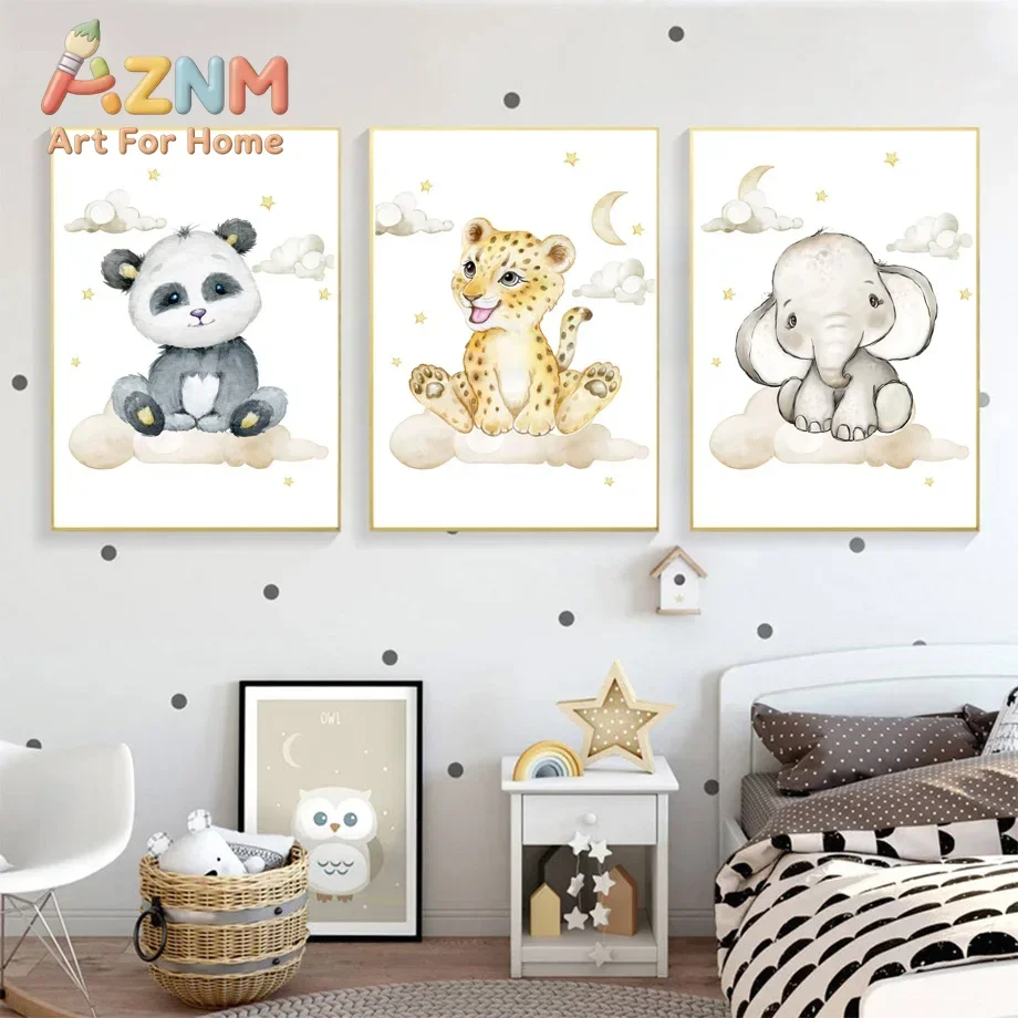 AZNM Watercolor Safari Animal Canvas Wall Art Baby Elephant Giraffe Leopard Moon Cloud Star Frameless Print Poster for Nursery D