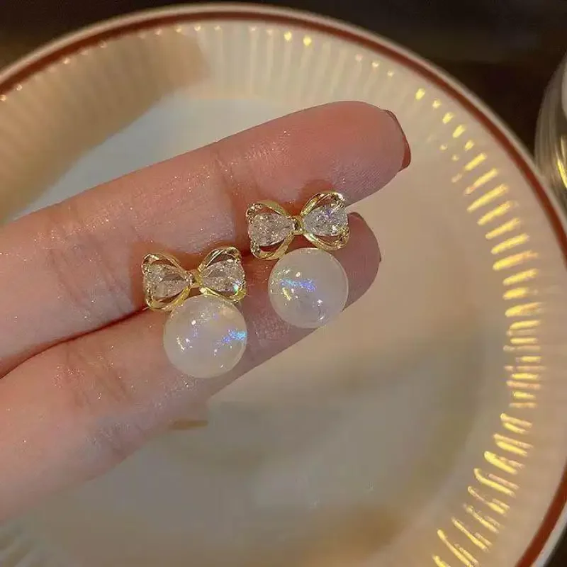 

925 Silver Needle Korean Fashion Bright Pearl Earrings For Women Jewelry 2026 Trending New Luxury Crystal Bowknot Earrings Gifts