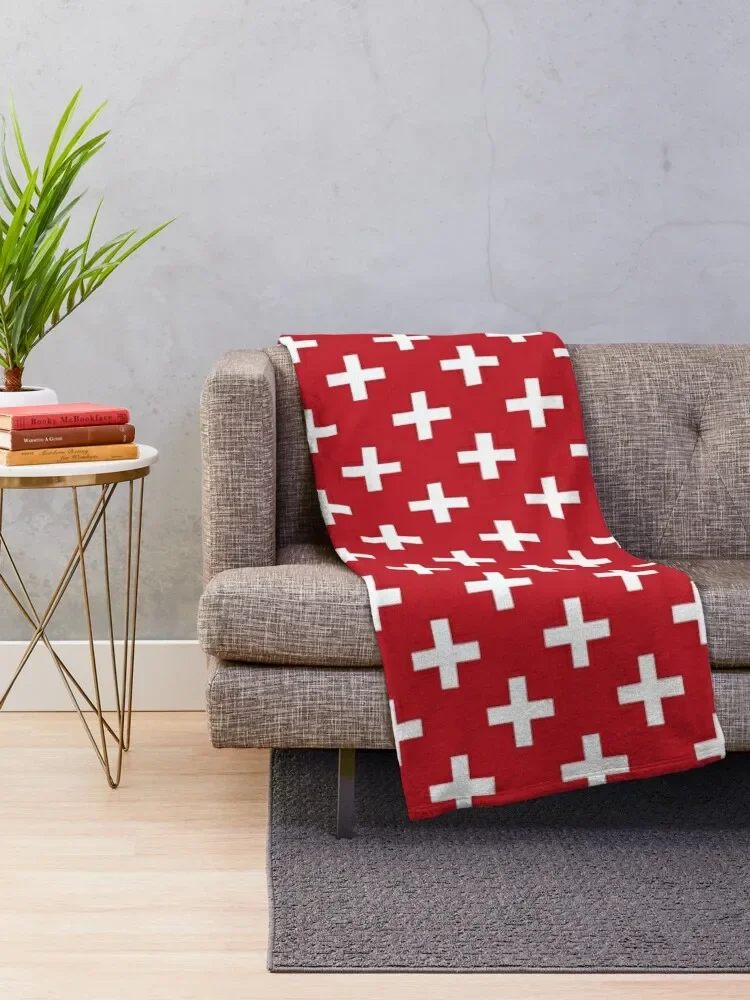 Crosses Criss Cross Swiss Cross Hygge Scandi Plus Sign Red and White Throw Blanket Multi-Purpose Fluffy Shaggy Blankets