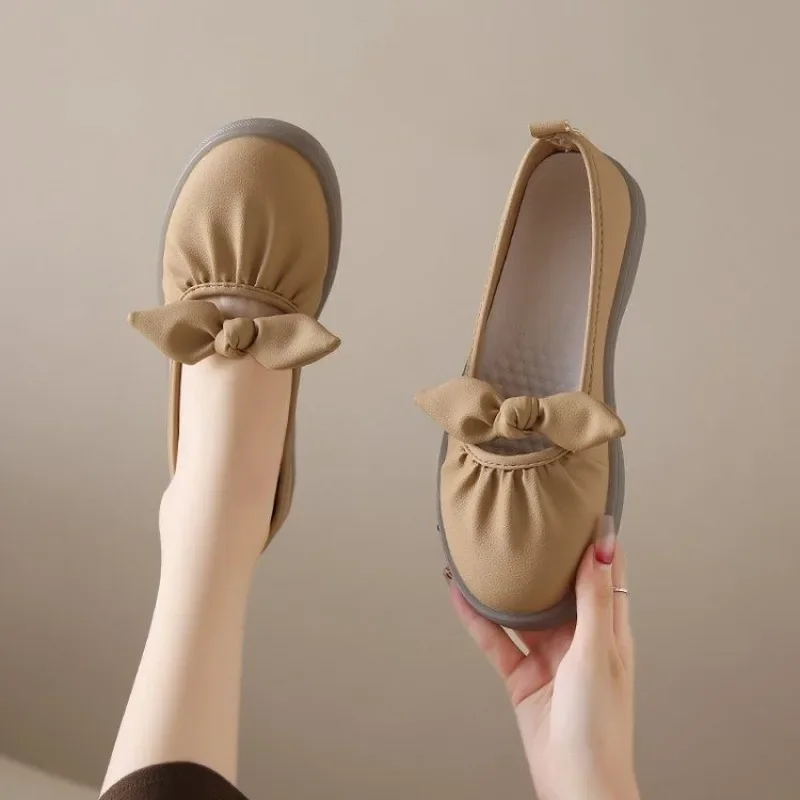 Low Heel Elegant With Bow Shoes for Women Office Slip-on Leather Casual Beau Today Chic Quick Delivery Young Popular Woman Flats