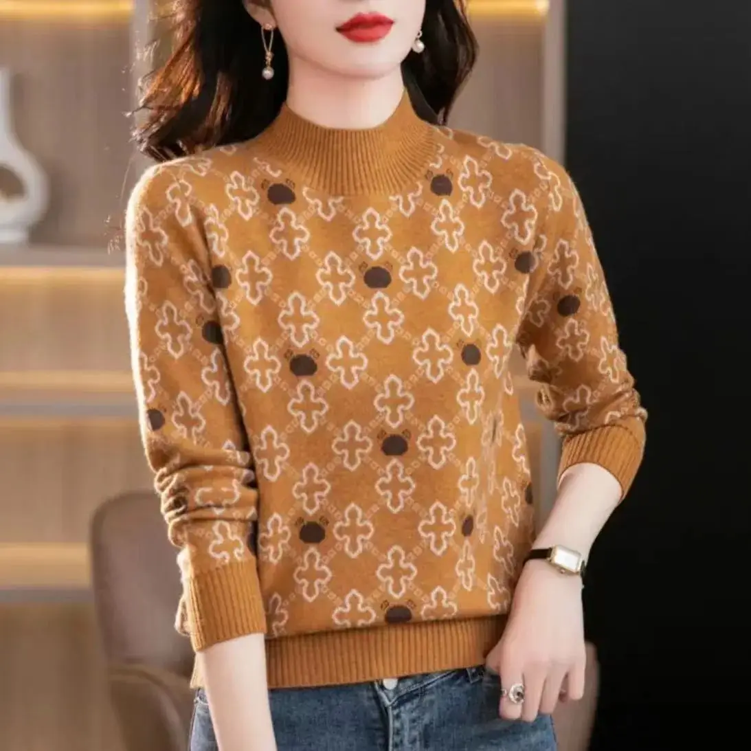 Dzianinowy, zagęszczony, ciepły sweter w paski, luźny sweter dla kobiet