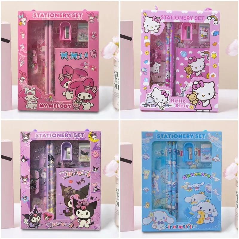 

Sanrio Hello Kitty Stationery Set Cute Cartoon Cinnamoroll Kuromi Eraser Pencil Sharpener Student School Supplies Kids Gift Box