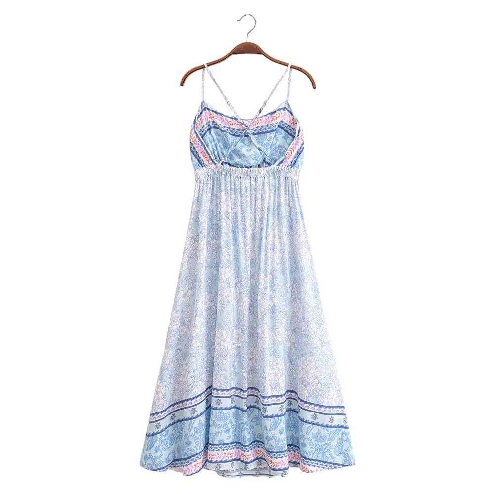 2024 BOHO Contrast Color Blue White Floral Print Backless Sling Dress Holiday Woman Cross Strap Back Robe Beach Vestidos Holiday