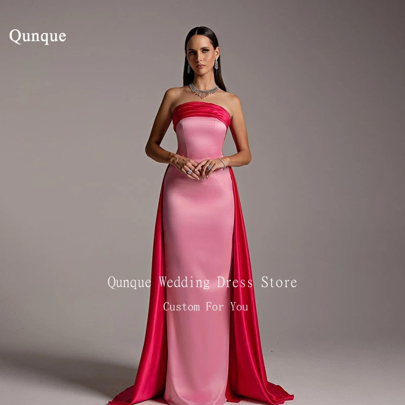 

Qunque Dubai Arabic Customized Mermaid Evening Dresses Pink Red Strapless Satin Detachable Train Prom Gowns Formal Party Dress