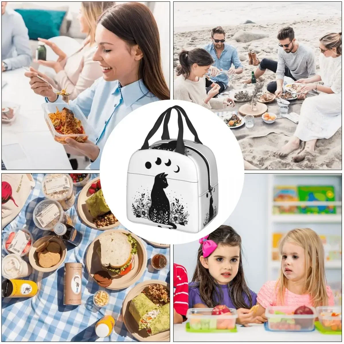 Night Garden Cat Insulated Lunch Bag Gothic Women Kids Cooler  Thermal Portable  Box Ice Pack Tote