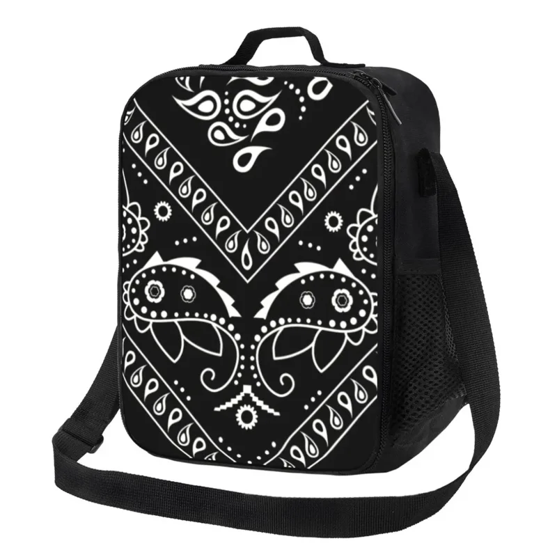 

Black Bandana Pattern Thermal Insulated Lunch Bags Paisley Style Lunch Tote for Outdoor Camping Travel Storage Bento Food Box