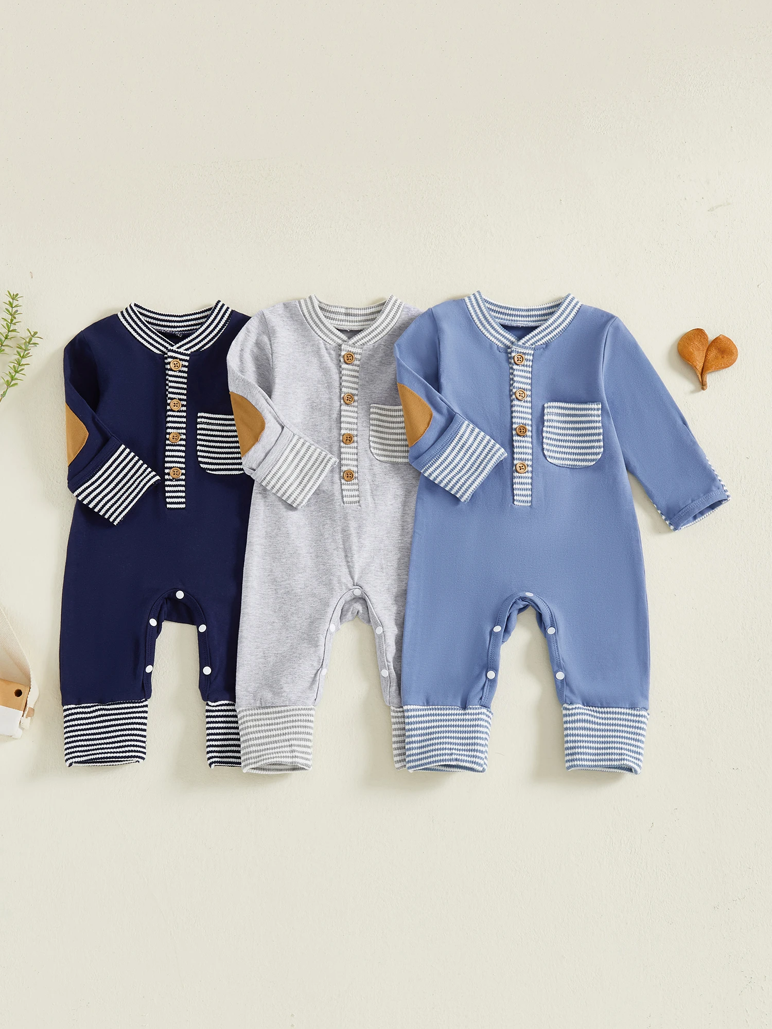 

Infant Boys Romper Stylish Long Sleeve Striped Patchwork Jumpsuit for Fall Cute Newborn Outfit for Casual Wear