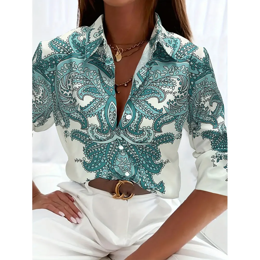 Shirt Fashion Full-Body Digital Print Long Sleeve Shirt For Women Vintage Lapel Button Down Shirt For Women Plus Size Clothing