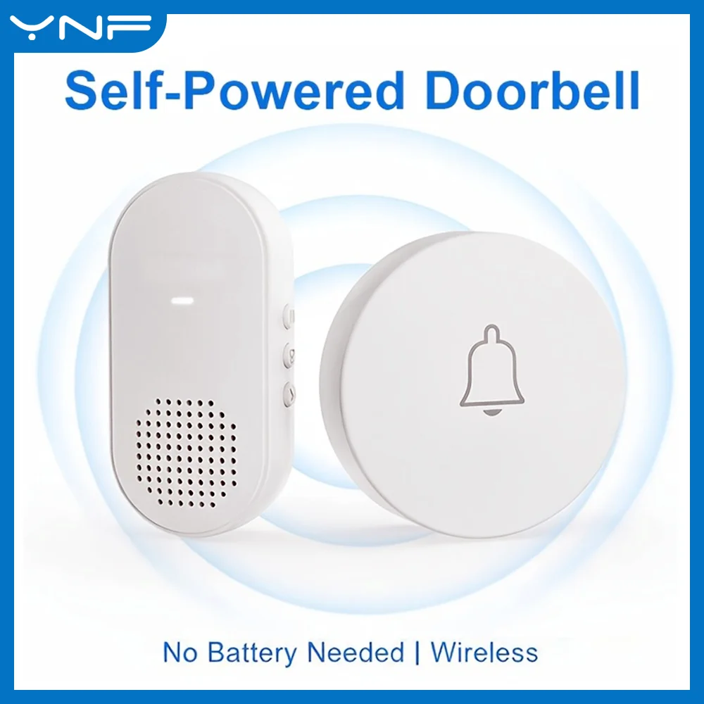 YNF Self-Powered Wireless Doorbell, No-Battery Peel-Stick,150M,36 Ringtones 8 Volume,USB Multi-Receiver for Front & Back Door