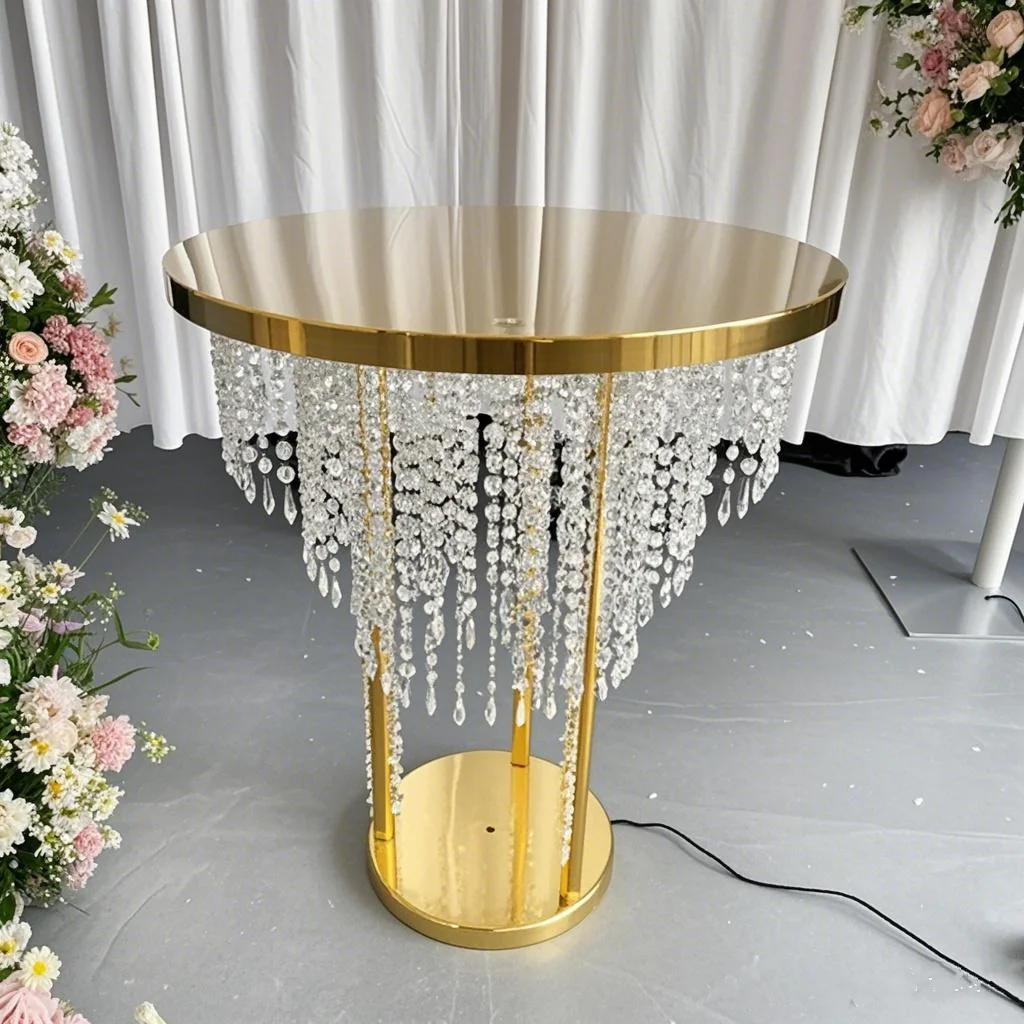 

New Crystal Bead Curtain Cake Table Dining Table Wedding Decoration Table Wrought-Art Table with Lighting