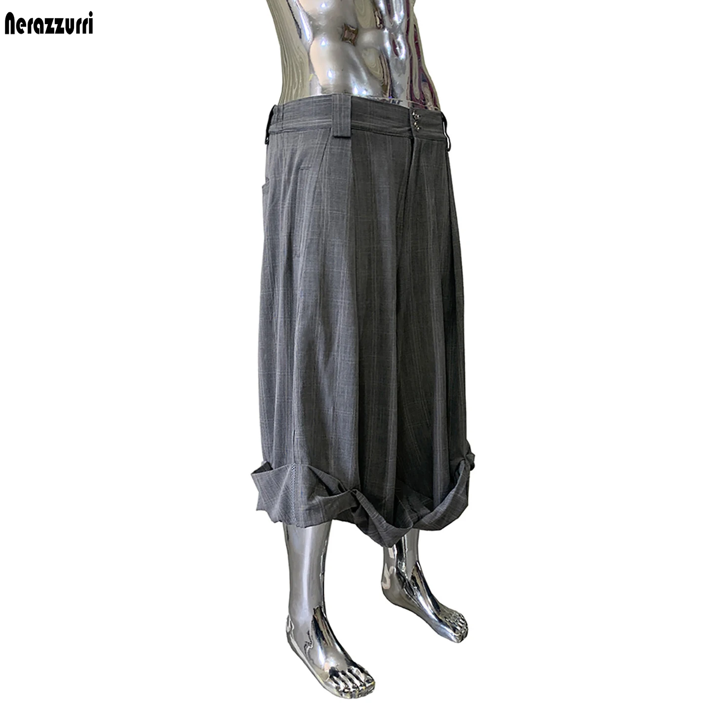 Nerazzurri Summer Autumn Loose Casual Soft Flowy Baggy Grey Tartan Plaid Wide Leg Pants for Men Chic Luxury Menswear Clothes