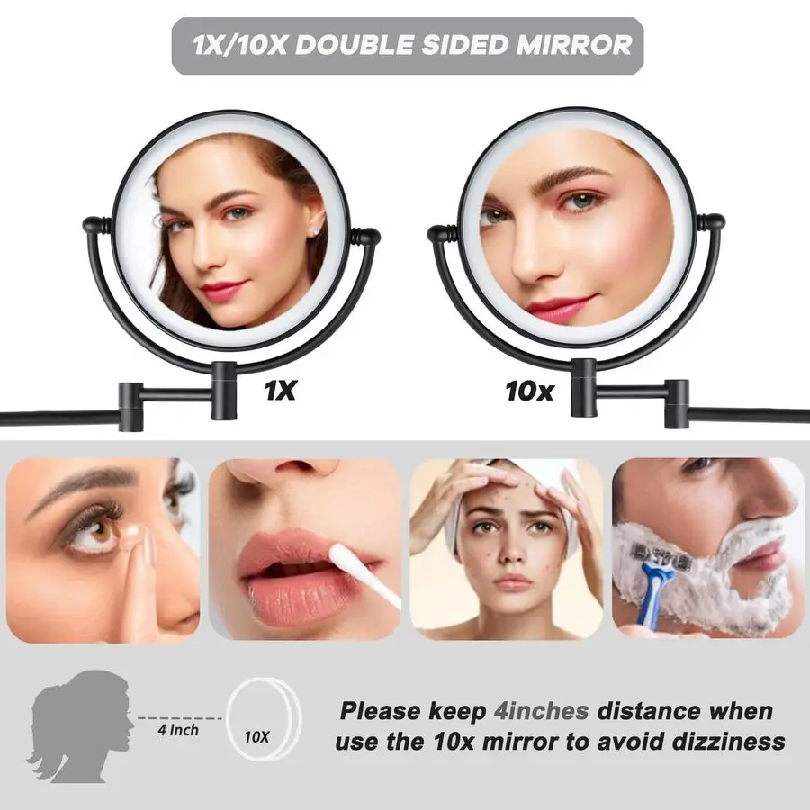 مرآة مكياج مضاءة مثبتة على الحائط مع 3 أضواء ملونة تعتيم ستبليس، 1X 10X مكبرة LED بمستشعر لمس الحمام على الوجهين