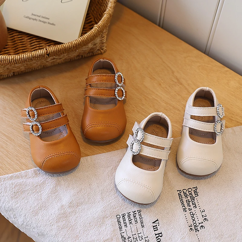 Girls Double Strap Mary Janes Rhinestone Buckle Soft Leather Flat Shoes For Party Daily Dress Matching Outdoor Walking