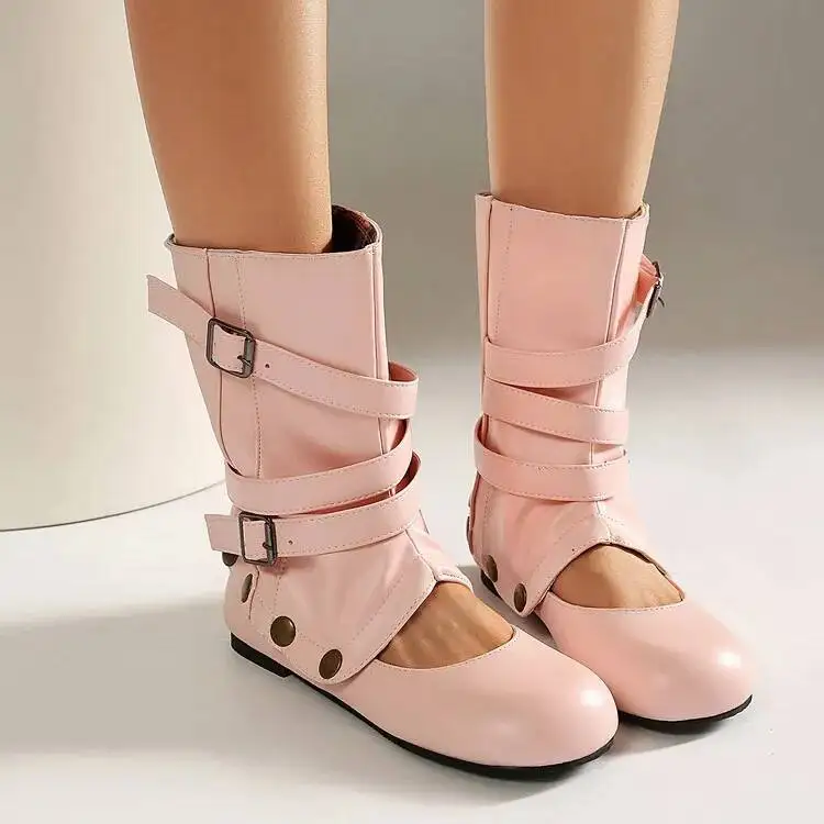 2026 Big Size 34-46 Flat Heels Shoes Ankle Boots Lolita Women's Shoes