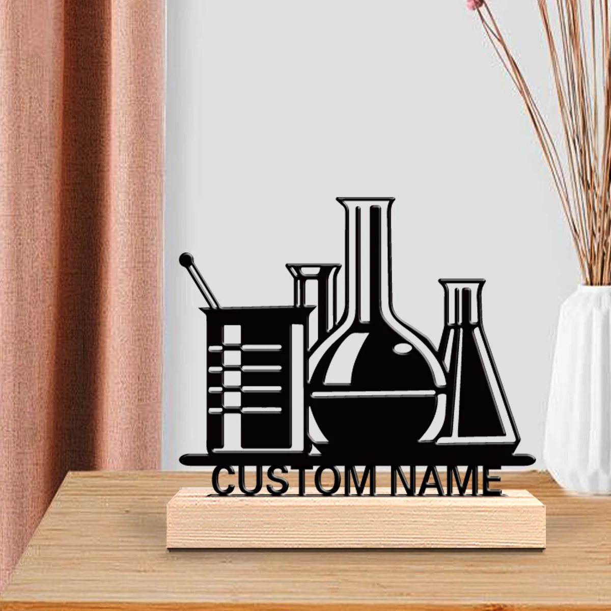 1pc lab equipment Personalized Name Metal Statue Art Figurine With Wood Base Iron Statue With Wood Base For Bedroom Desk Decor