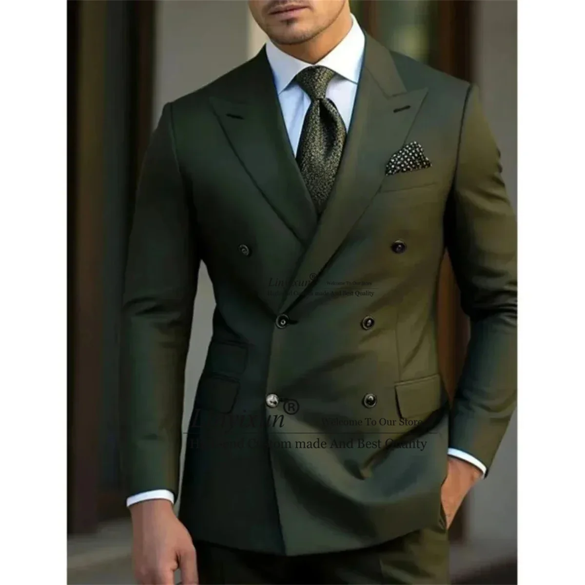 

Olive Green Double Breasted Wedding Suit for Men 2 Pieces Sests Prom Formal Business Groom's Tuxedos Office Male Party Blazers