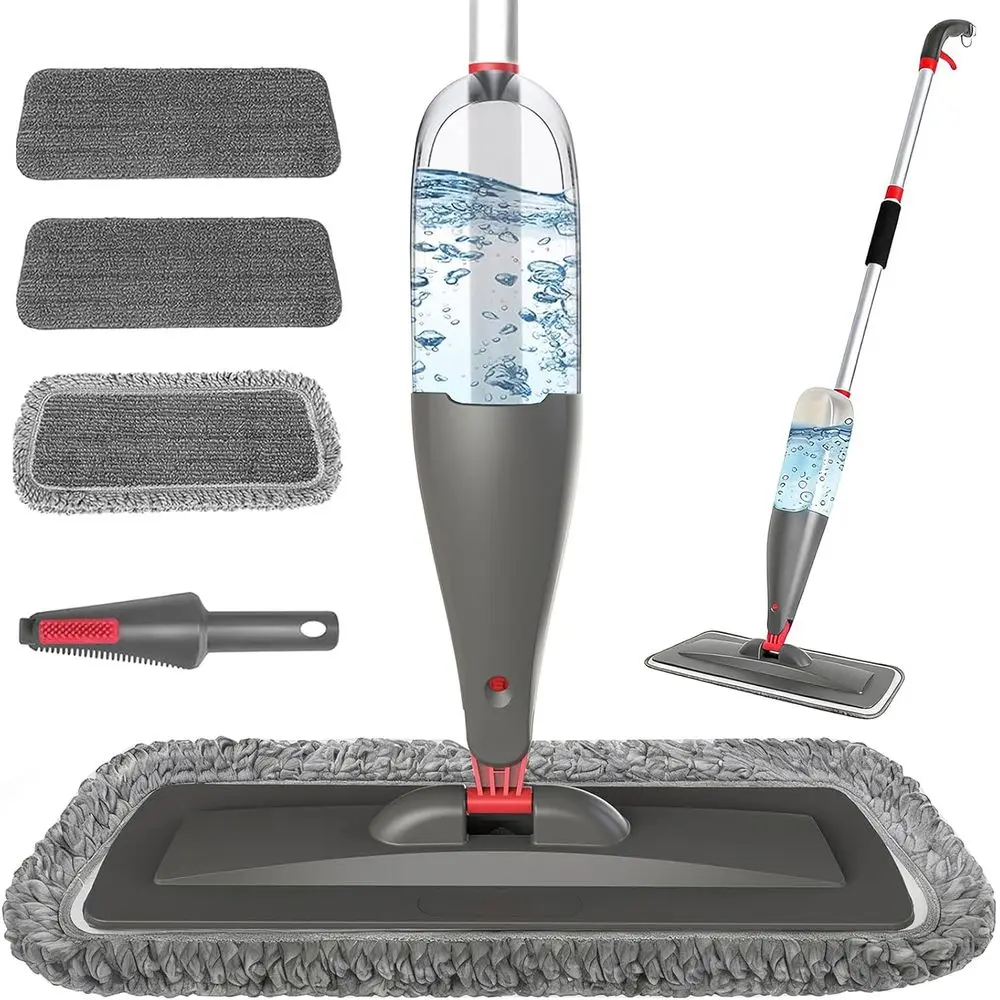 Wet/Dry Microfiber Mop with 3 Washable Pads, 800ml Refill Bottle for Dust & Dirt Cleaning on Various Floors