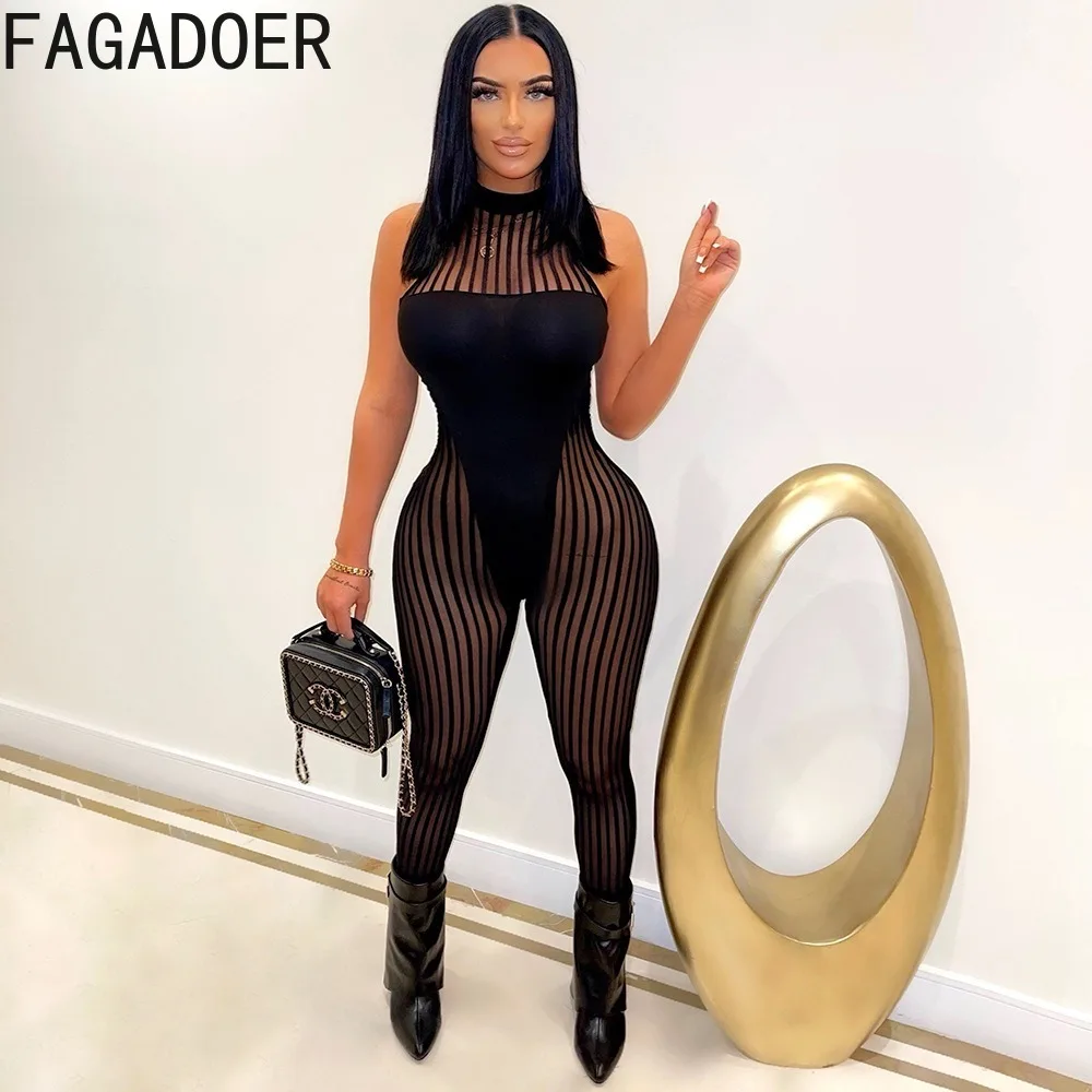 FAGADOER Fashion Mesh Splicing Perspective Bodycon Jumpsuits Women Round Neck Sleevleess Slim Nightclub Playsuits Female Overall