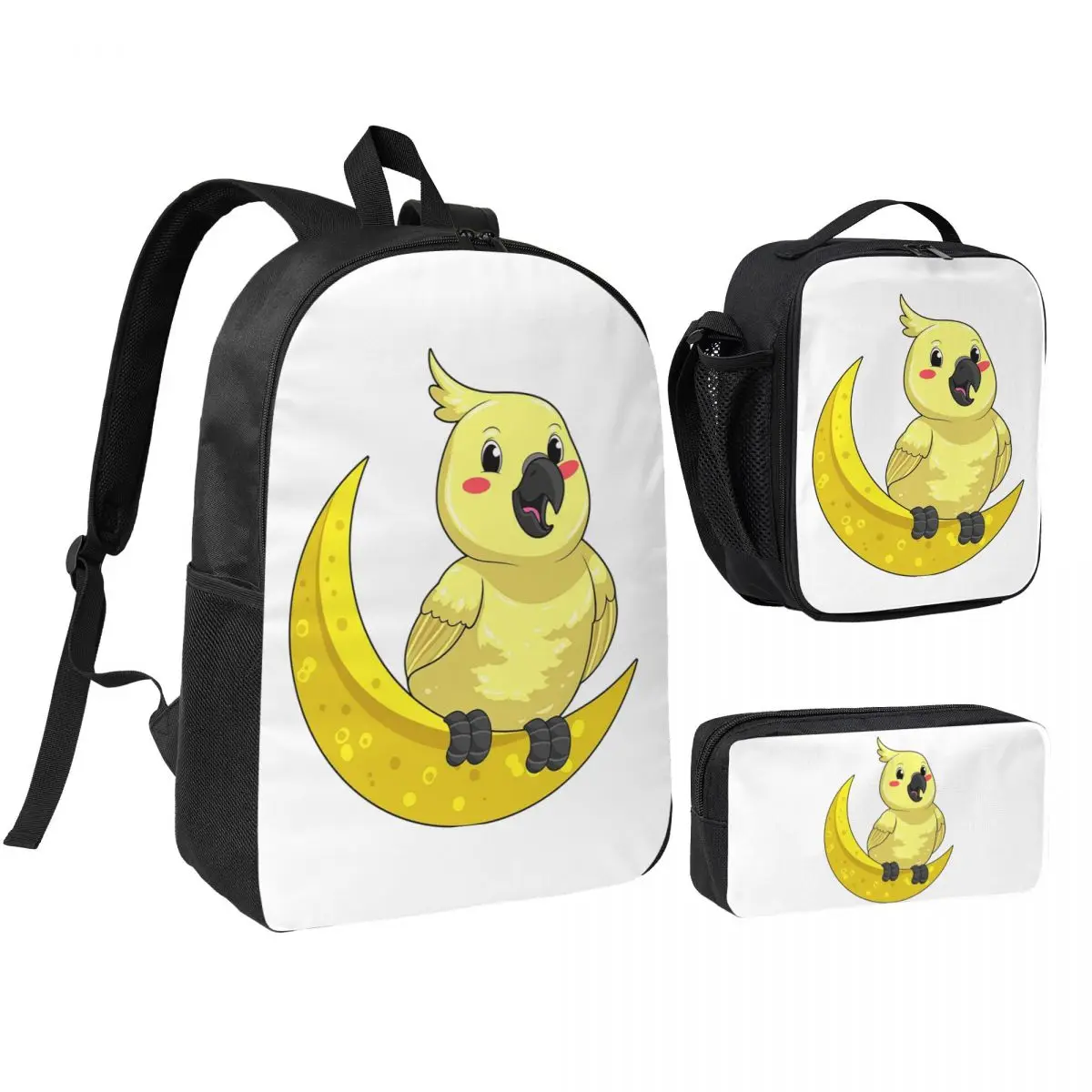Cockatoo Cockatiel Parrot With Moon Backpack Student BookBag School Bag Shoulder Bags 3ps Insulated Lunch Bag Pencil Case