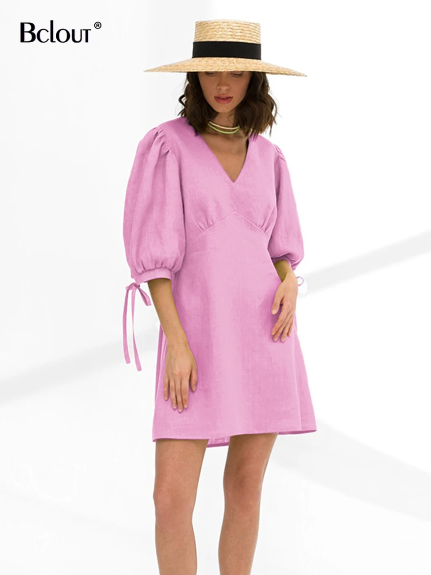 Bclout Summer Pink Cotton Dress Women 2023 Elegant V-Neck Puff Sleeve Lace-Up A-Line Dresses Vacation Green Loose Mini Dresses