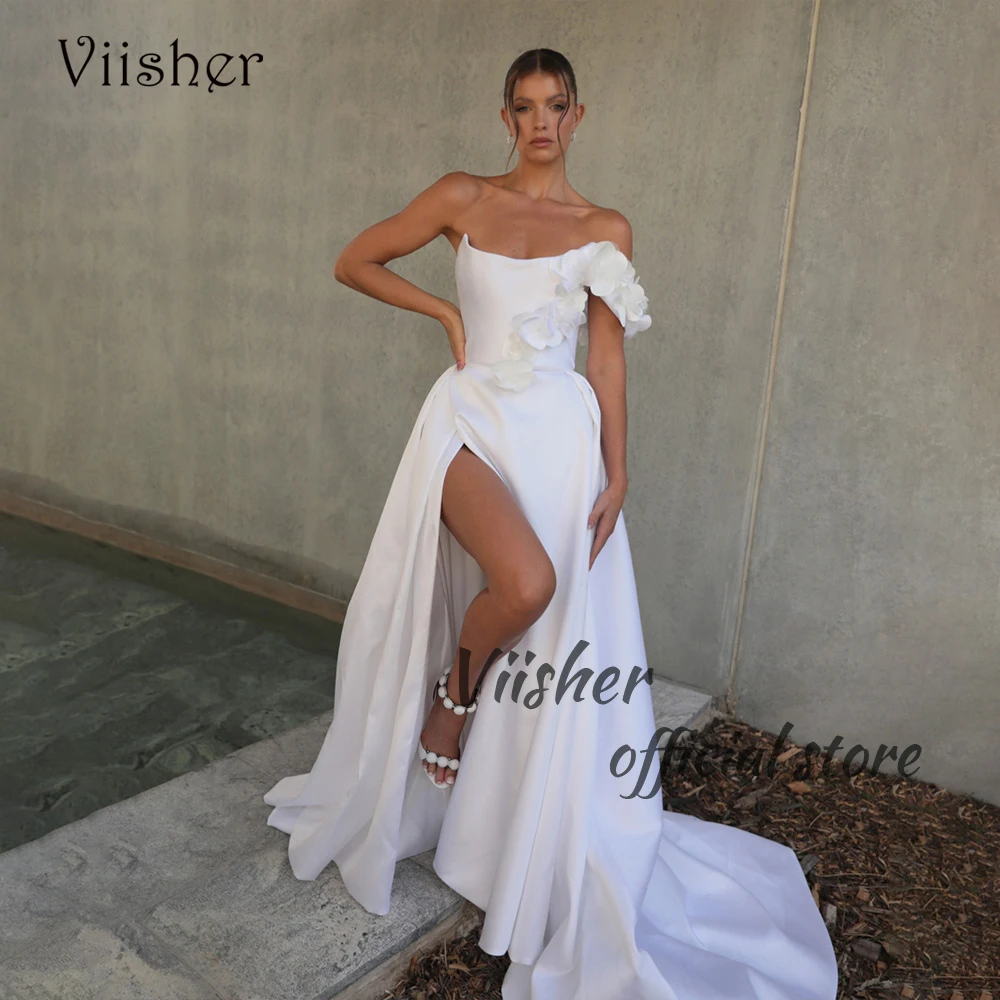 

White Wedding Dresses One Shoulder Strapless Beach Bride Dress with Slit Train Long Simple Civil Bridal Gowns 2024