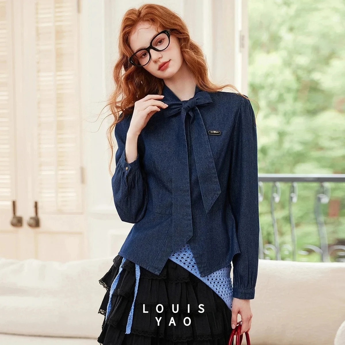 LOUISYAO Stand-up Collar Bow Tie Denim Shirt 2025 Autumn Denim Top Slim-Fit Long-Sleeve Single-Button Women's Blouses