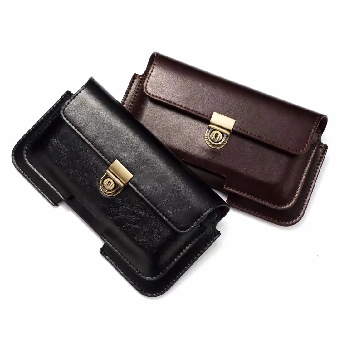 Luxury Buckle Dual Pouch Leather Mobile Phone Belt Clip Holster Case For iPhone Samsung Galaxy Xiaomi Redmi Huawei Men Waist Bag