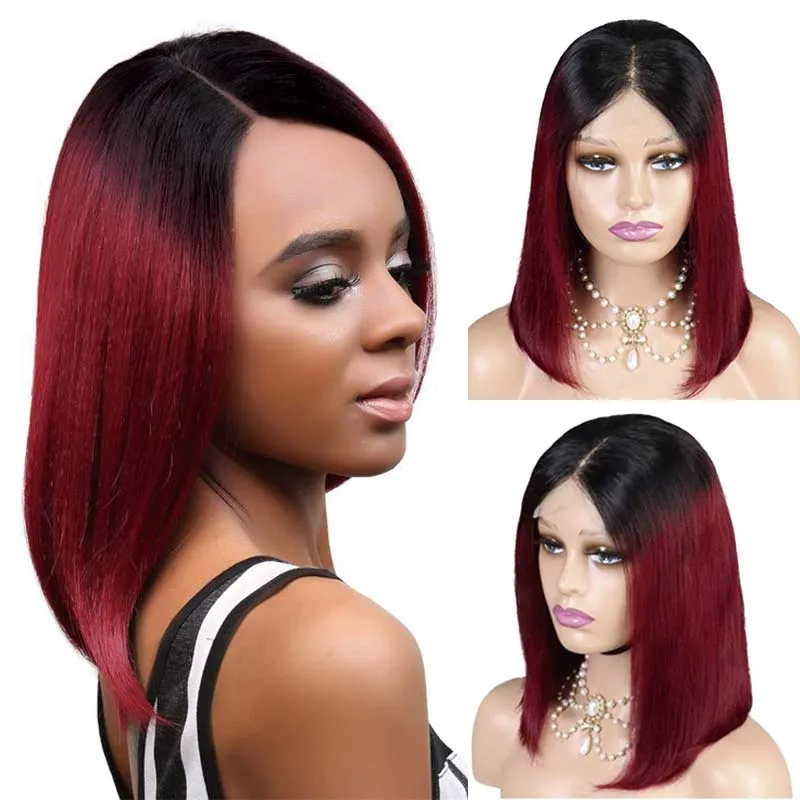 1B/Burgundy Straight Bob Wig Ombre Red With Dark Roots 1B/99J Wig Free Part Straight Short Bob Wig Colored Wigs (Ombre 99J Wig) 