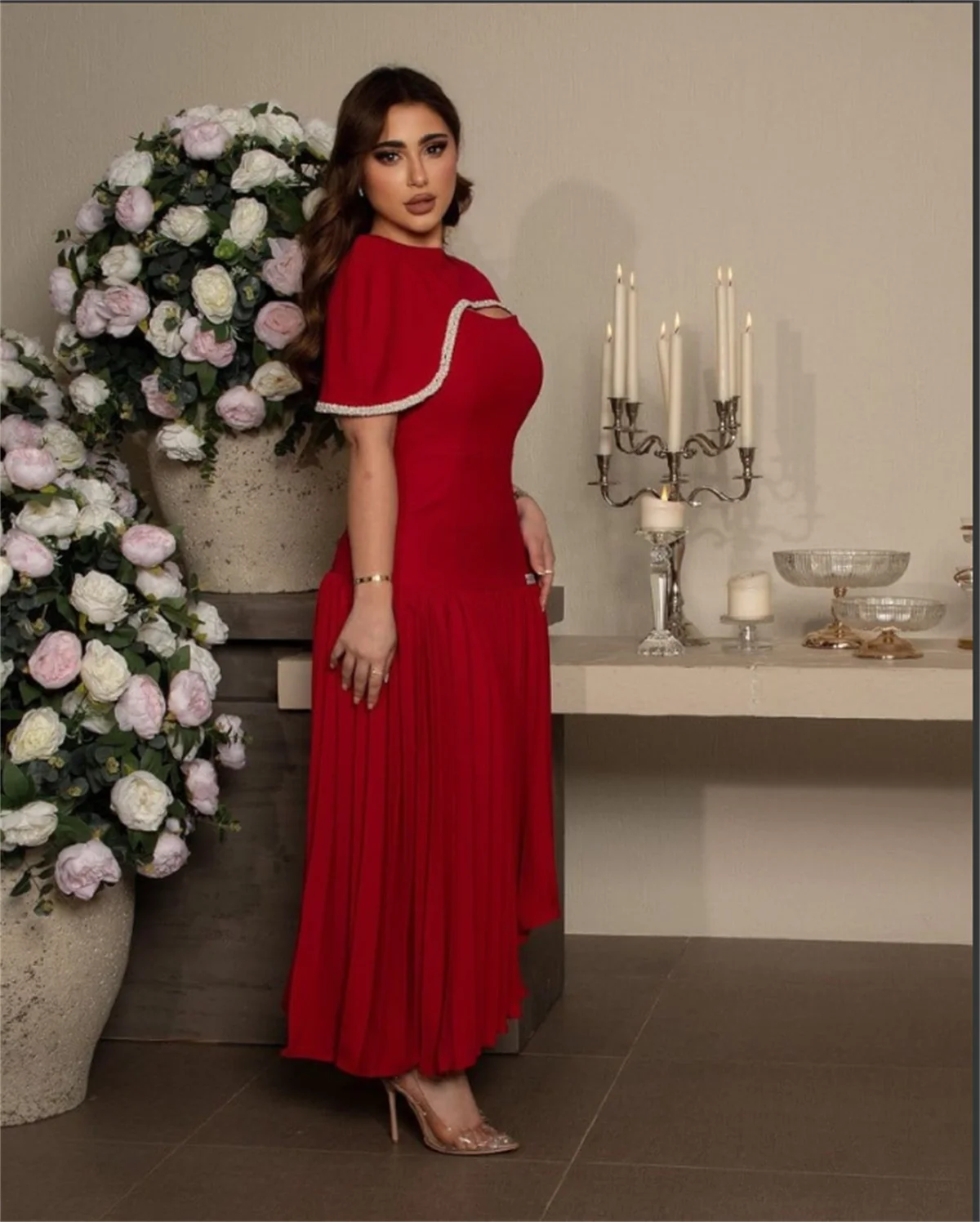 Klassisches A-Linie rotes Abendkleid saudi-arabische Kabale elegantes Ballkleid Rundhals ausschnitt Langarm bis Kalb Couture فساتينللمناسبات