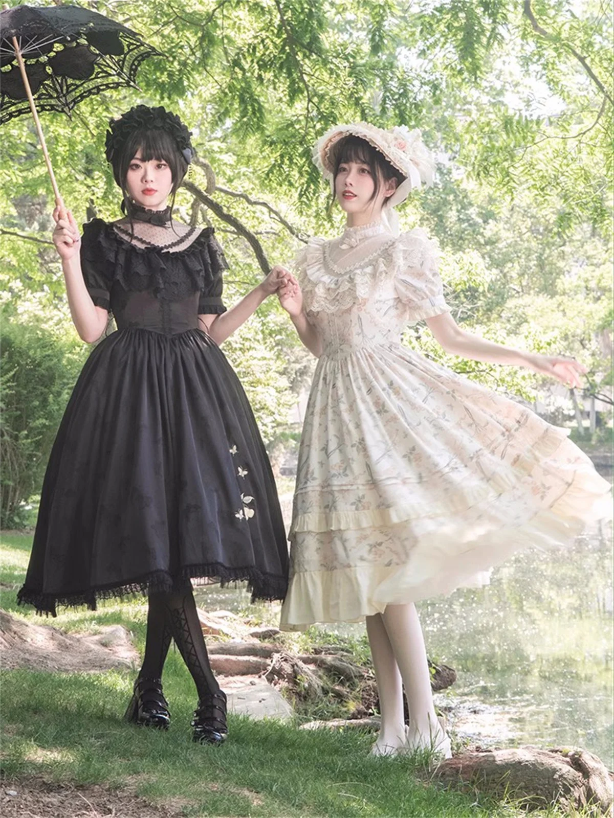 French Vintage Idyllic Style Cosplay Gentle Girls Lolita Op Elegant Printing Flower Butterfly Lace Mesh Ruffle Tunic Dress