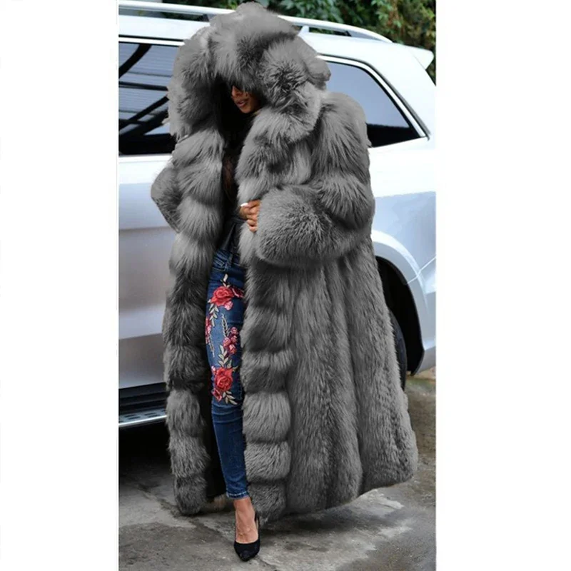 Winter Fashion Faux Fur Faux Fox Fur Hooded Fur Coat women's mid-length Loose Warm Jacket Warm Loose Coat For Woman S-XXXXL