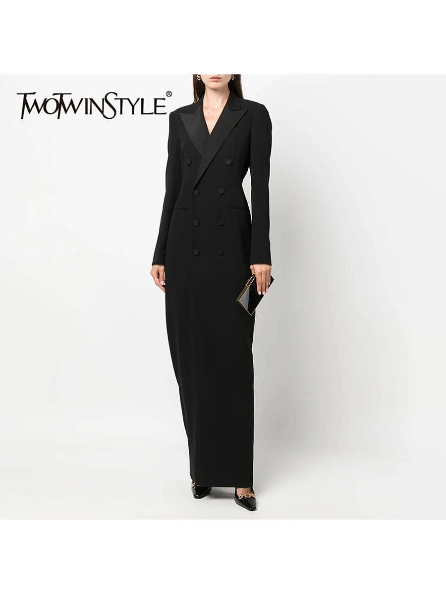 TWOTWINSTYLE Solid Spliced Double Breasted Long Blazers for Women Lapel Long Sleeves Tunic Minimalist Blazer Female Clothing New