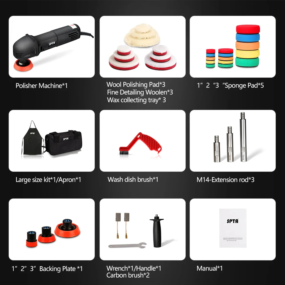 SPTA 전기 미니 디테일링 연마기, 회전 연마기 청소 브러시, 스폰지 패드 세트 29 개 포함, 3 인치, 780W