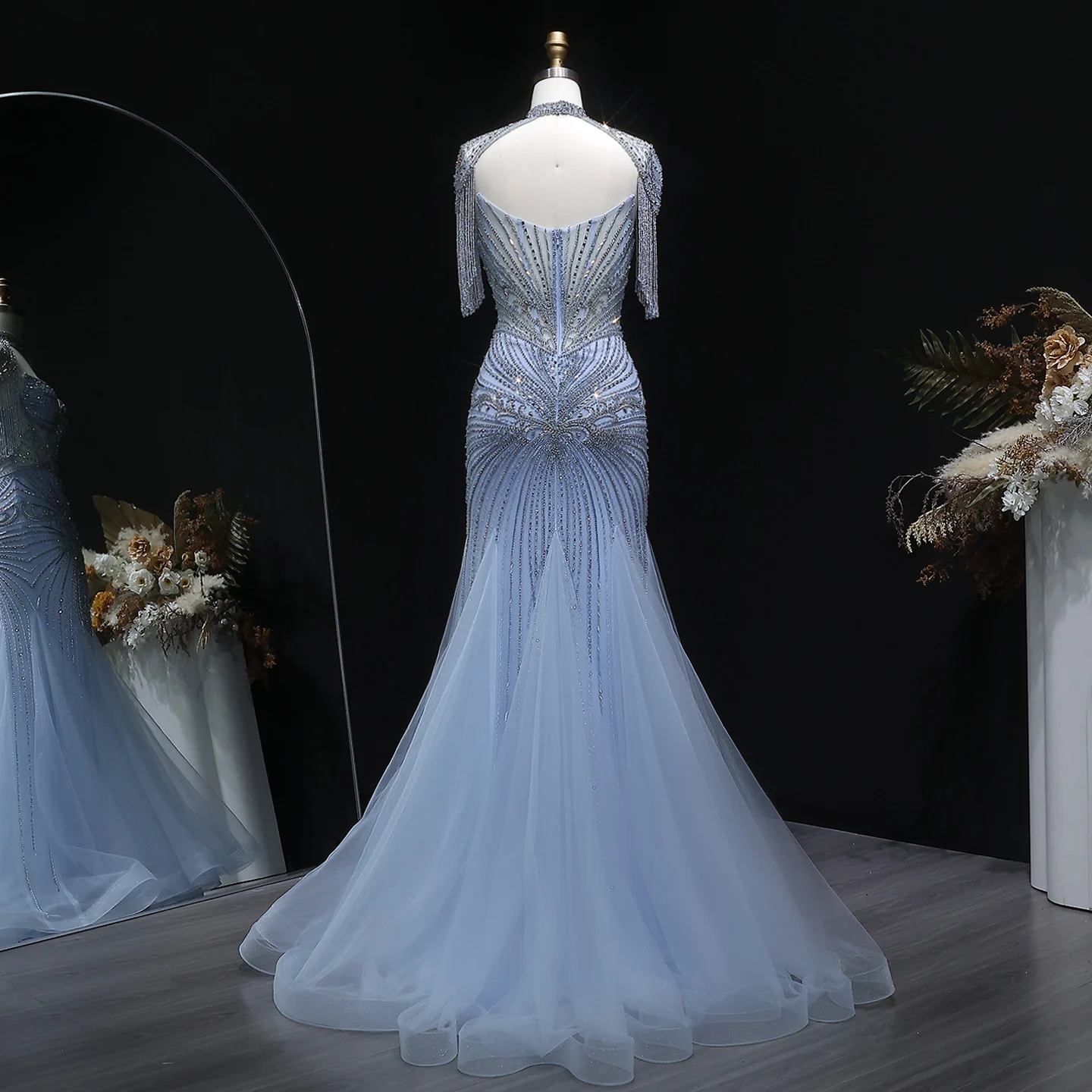 Sharon Said Elegantes Champagner-Meerjungfrauenkleid mit Cape-Ärmeln, Kristallperlen, Blaues Hochzeitskleid, SS021, Maßanfertigung – Detail 30