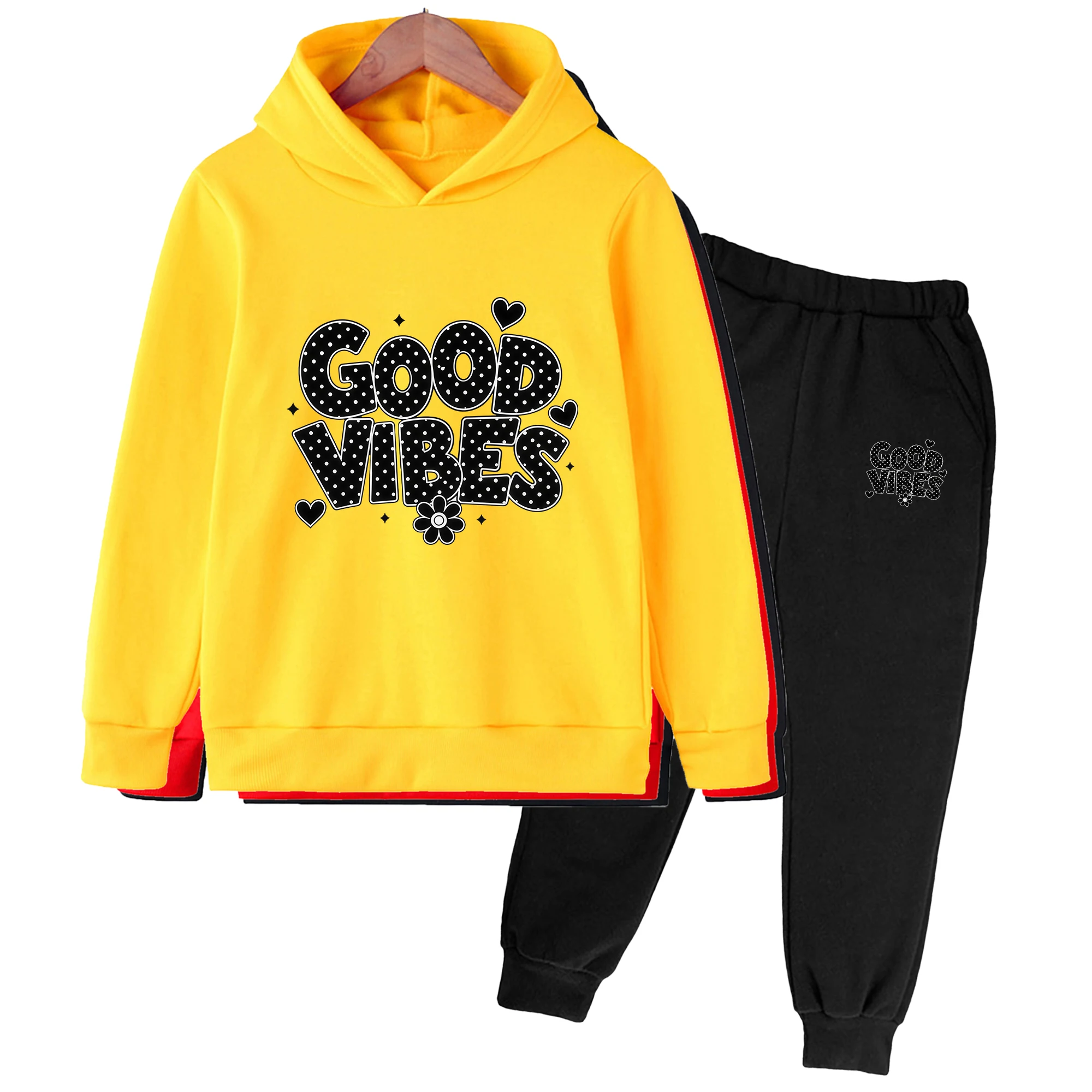 Kids Hoodies Sweatshirts Pants Set Fleece Streetwear Good Vibes Printed Valentine'S Day Gift Children Clothing Autumn Winter