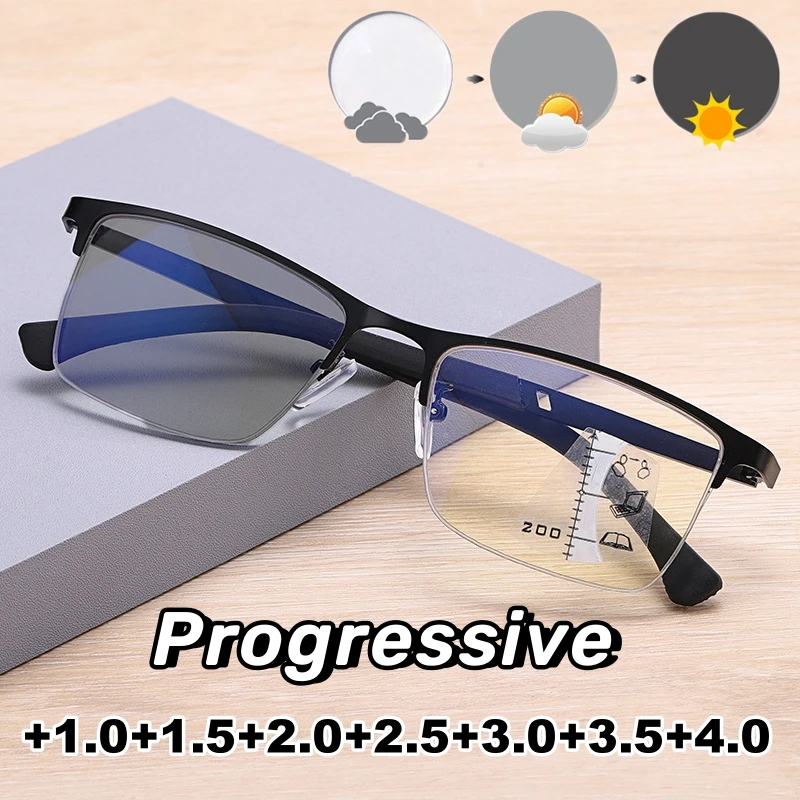 

Men's Business Photochromic Reading Glasses Unisex Trendy Progressive Multifocal Glasses Women Vintage Color Changing Presbyopia