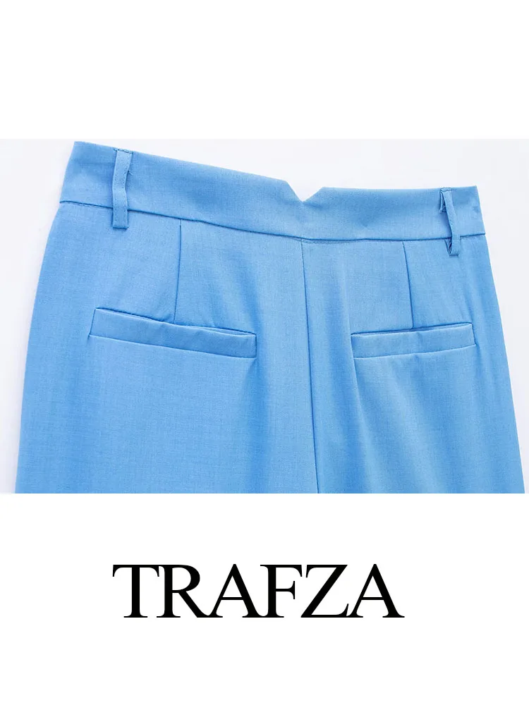 TRAFZA 2024 Women Summer Holiday Pleated High Waist Zipper Pants Female Chic Fashion Ankle-Length Floor-Length Trousers 4 Color