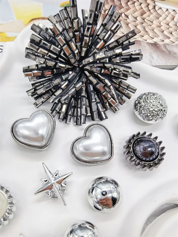 12PCS Shiny Firework Starbust Shoe Charms Accessories Silvery Heart Clogs Shoe Buckles DIY Decorations Round Beads Shoe Clips