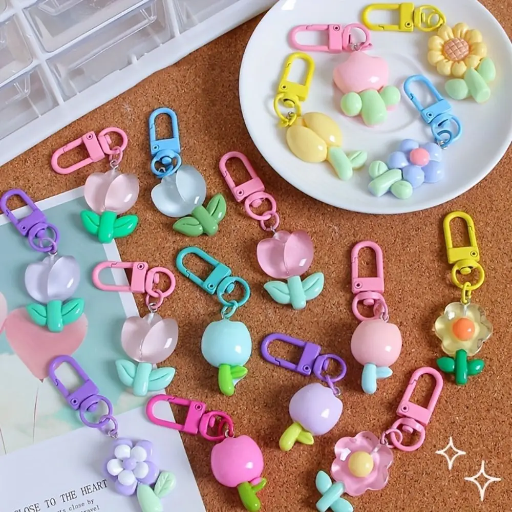 Young Girl's Heart Tulip Flower Keychain Candy Color Resin Sunflower Keychain Korean Kawaii Sweet Resin Tulip Keychain Girls