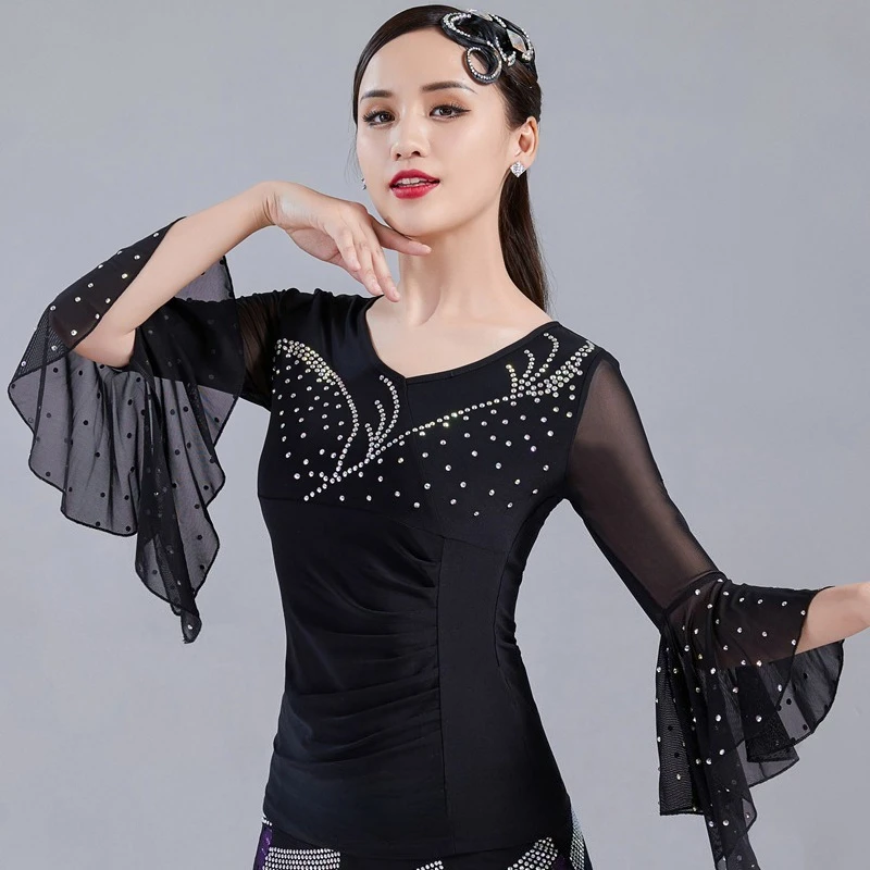 

Customized Women Lotus Leaf Sleeve Modern Dance Top National Standard Ballroom Latin Dance Suit Three-step Stepping Guitar Tops