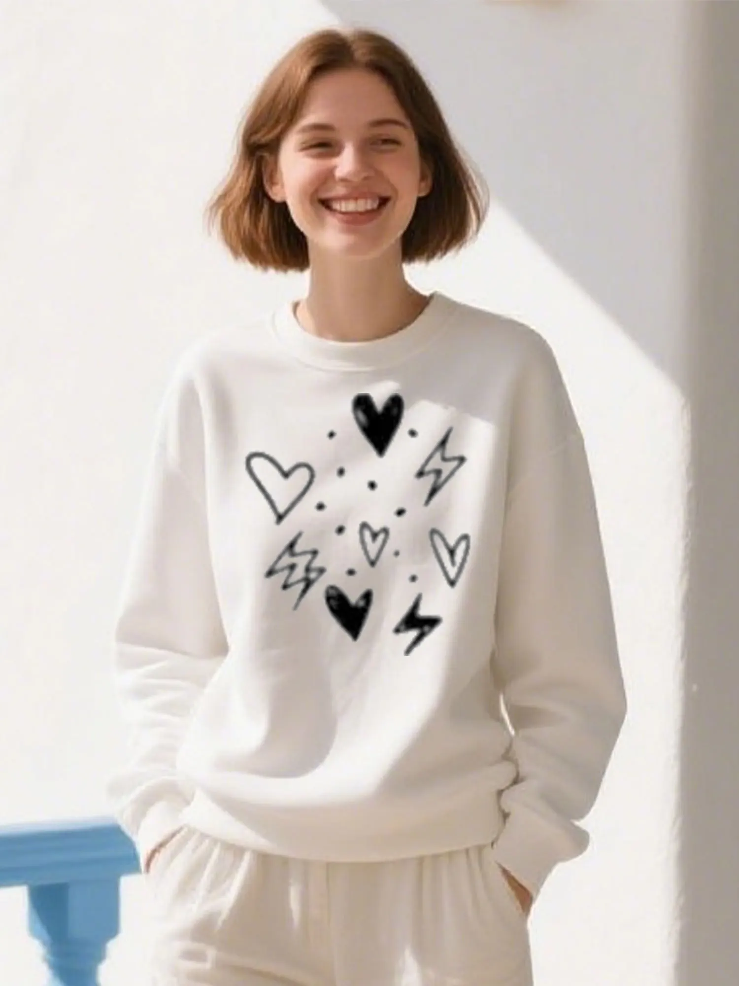 

Heart Lightning Print Soft Cotton Hoodie, Unisex Casual Pullover For Christmas