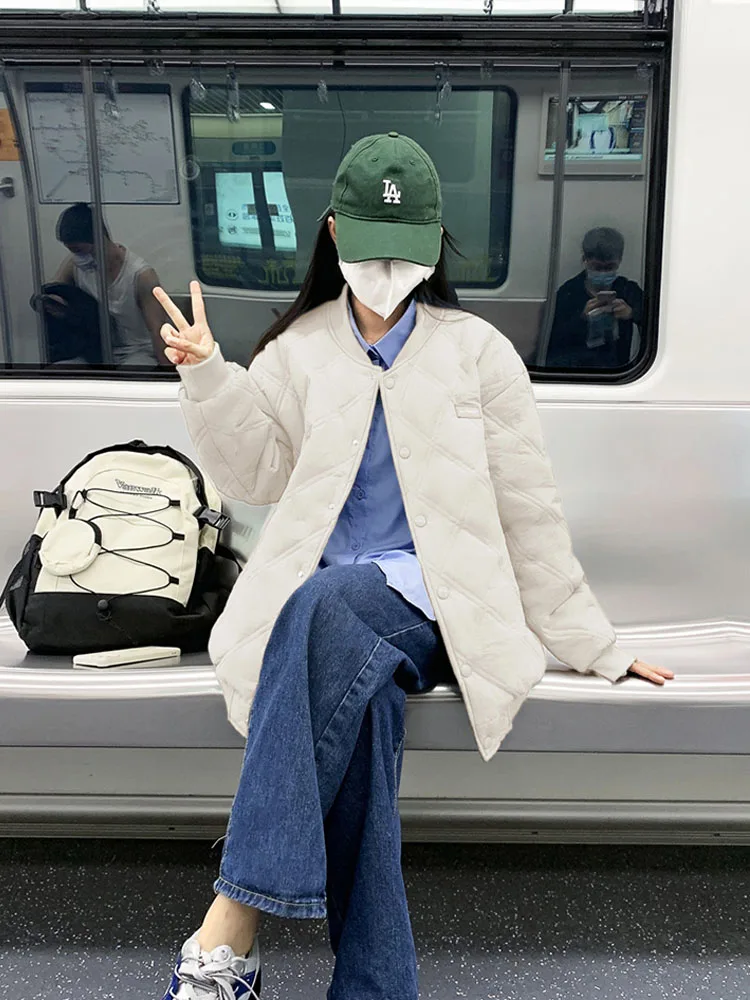 New Winter Cotton-Padded Jacket Women Fashion Designed Sense Rhombic Baseball Outwear Puffer Coat Thin Parka Coat Female Top