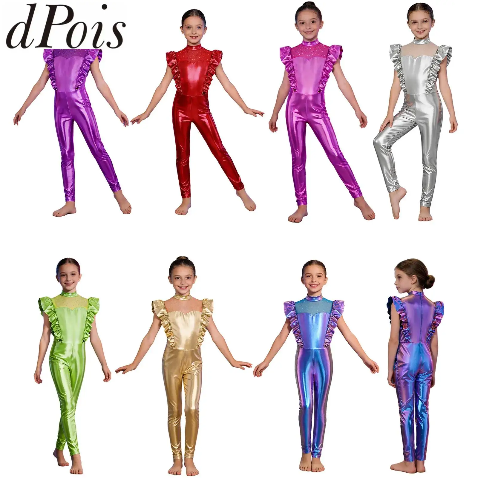 

Kids Girls Metallic Gloss Alien Costume Unitards Dance Gymnastic Ruffled Sleeve Jumpsuit Leotards for Halloween Carnival Party