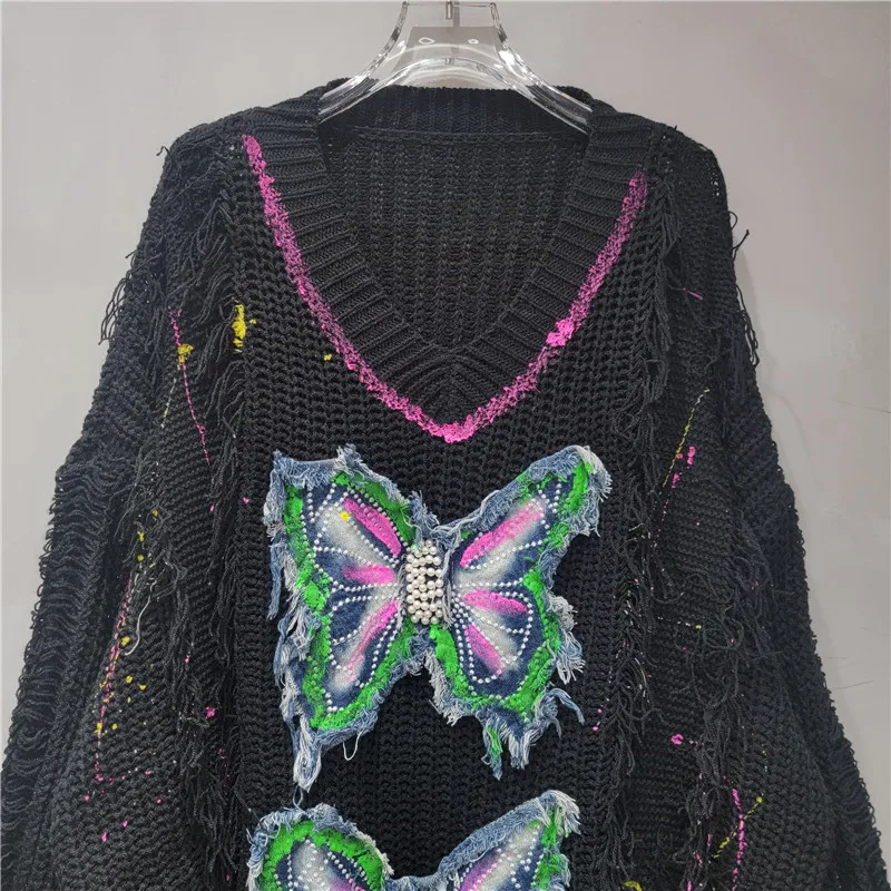 Graffiti Butterfly Bead Knitted Sweater Women 2024 Autumn Chic Versatile Knitted Loose V Neck Sweater Long Sleeve Top