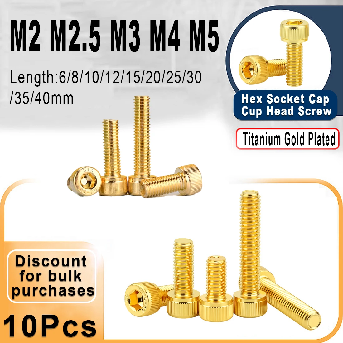 10Pcs M2 M2.5 M3 M4 M5 DIN912 Hex Socket Cap Cup Head Screw Titanium Gold Plated Allen Bolts 12.9 Grade Length 4-50mm