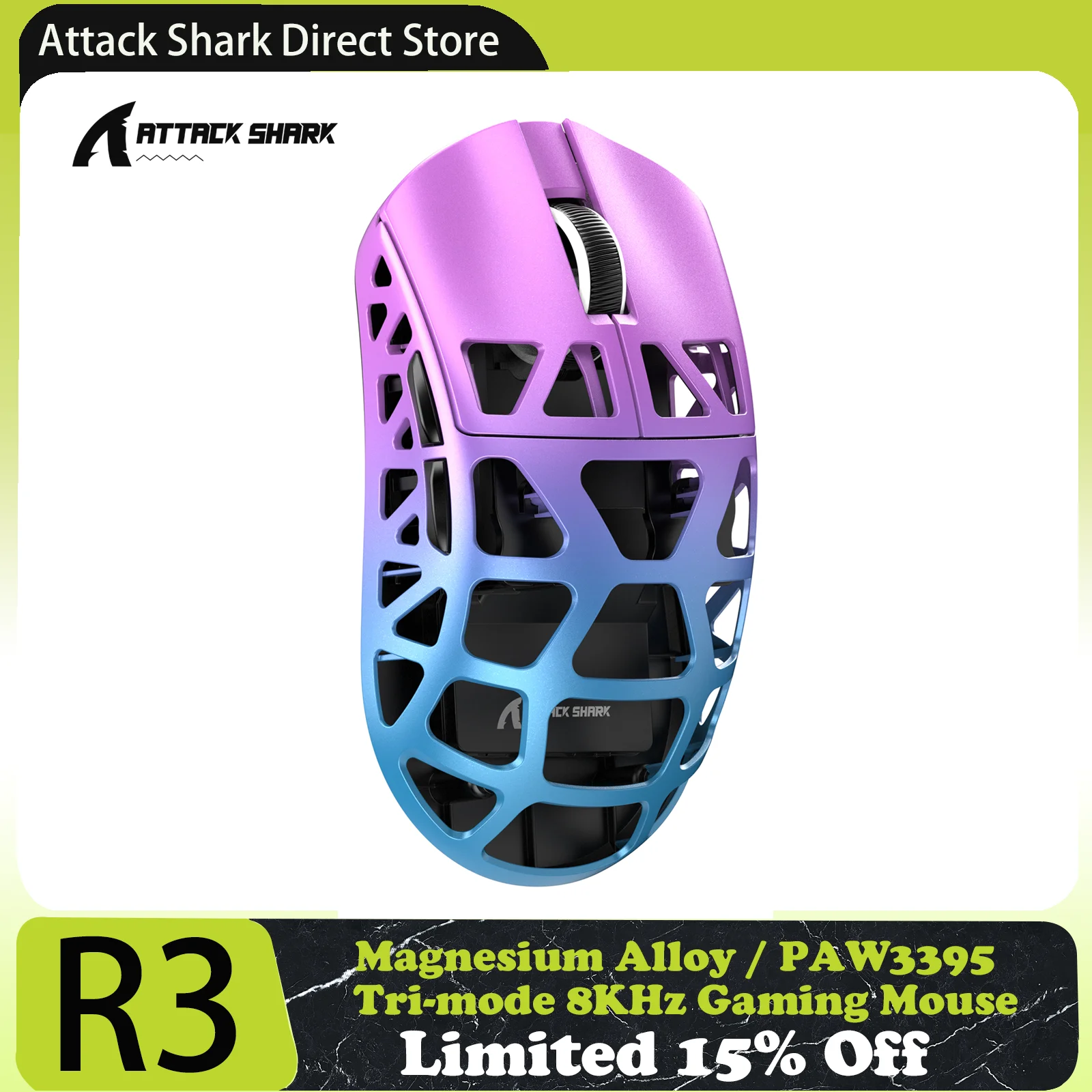 attack shark r3 8khz mouse de liga de magnesio sensor pixart paw3395 ate 26000 dpi 24g bt com fio 46g superleve para pc mac 01